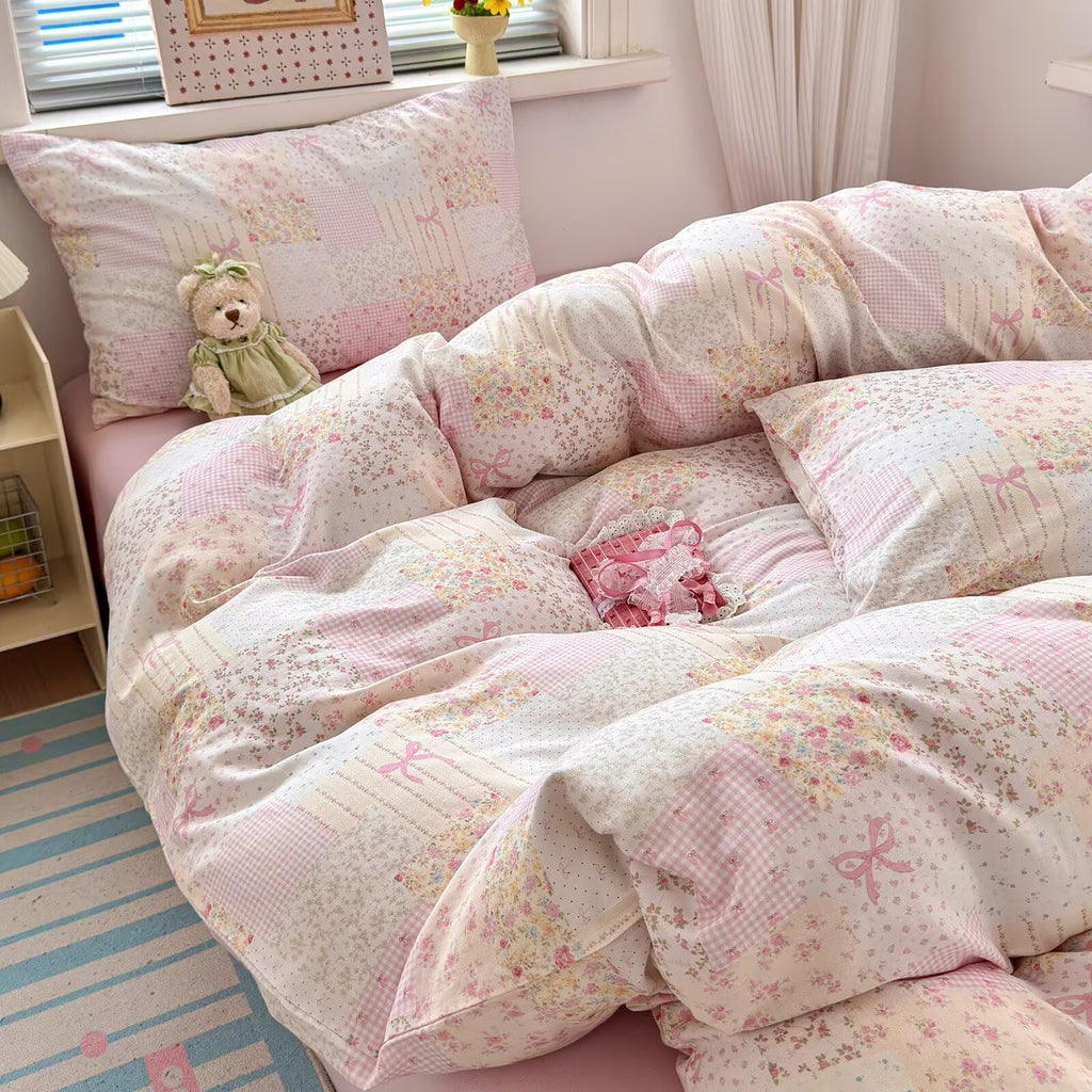 Pink Duvet Cover Full Size 100% Cotton Muslin Cute Patchwork Bedding Set for Teen Girls Women, Soft Comfy Double Gauze