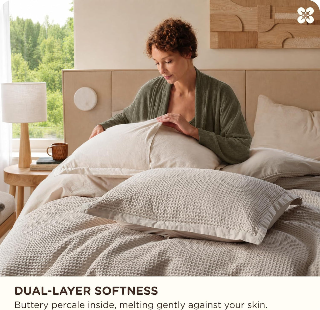 Cotton Duvet Cover King - 100% Cotton Waffle Weave Linen Color Duvet Cover, PureWoven Breathable King Bedding Set for All Season, 3 Pieces, 104"x90"