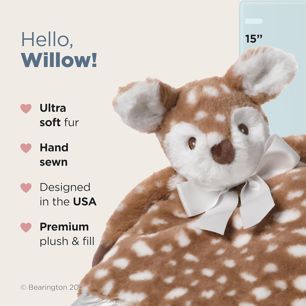 Lil' Willow Snuggler - 15" Fawn Security Blanket with Silk Satin Trim and Plush Deer Head - Soft Plush Animal Lovey