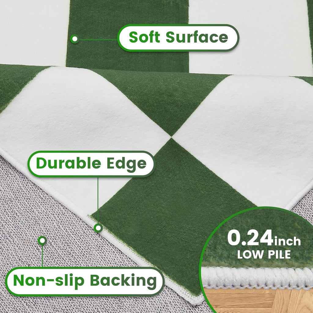 Washable Checkered Rug, 5x7 ft Green and White Rug, Low Pile Area Rugs with Non-Slip Backing Playroom Classroom