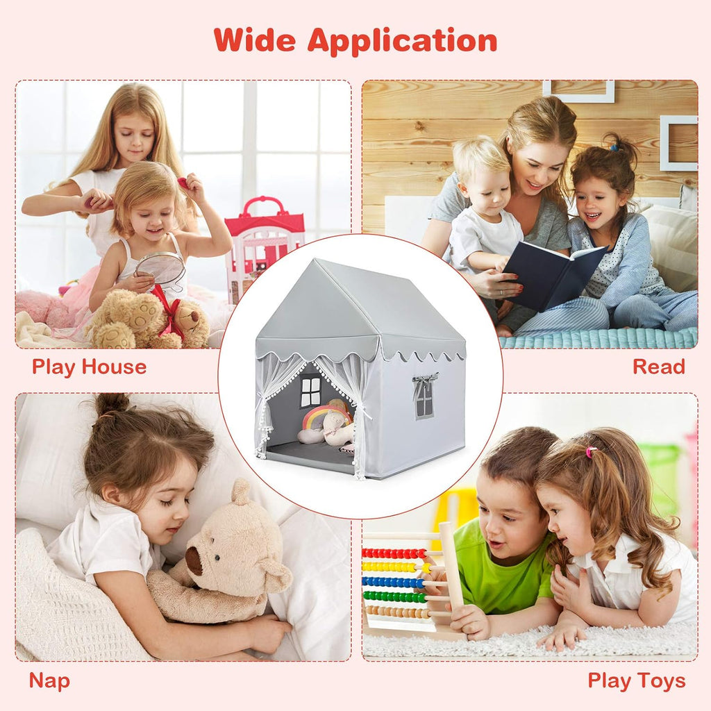 Kids Play Tent, Large Playhouse w/Washable Mat, Windows, Solid Wood Frame, Indoor Outdoor Princess Tent for Children