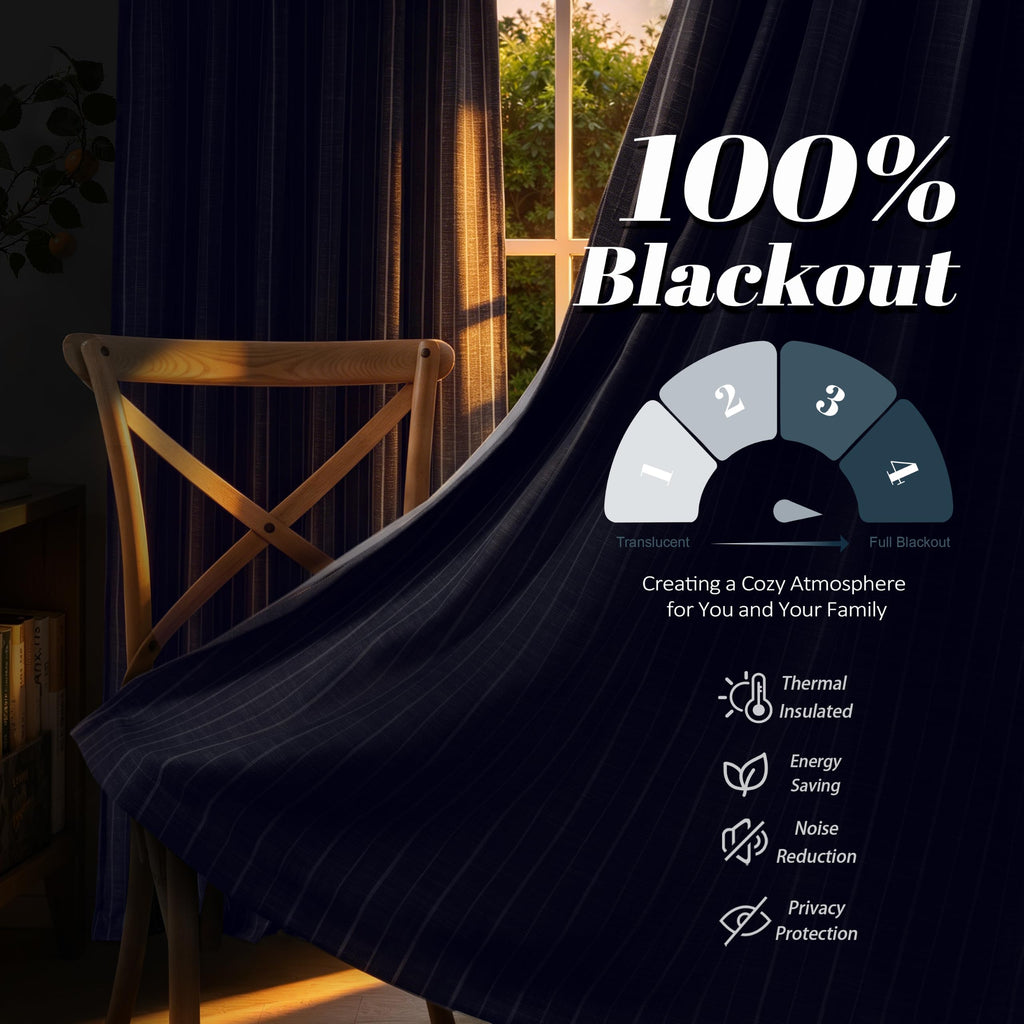 100% Blackout Linen Hygge Striped Curtains, 84 Inches, Navy