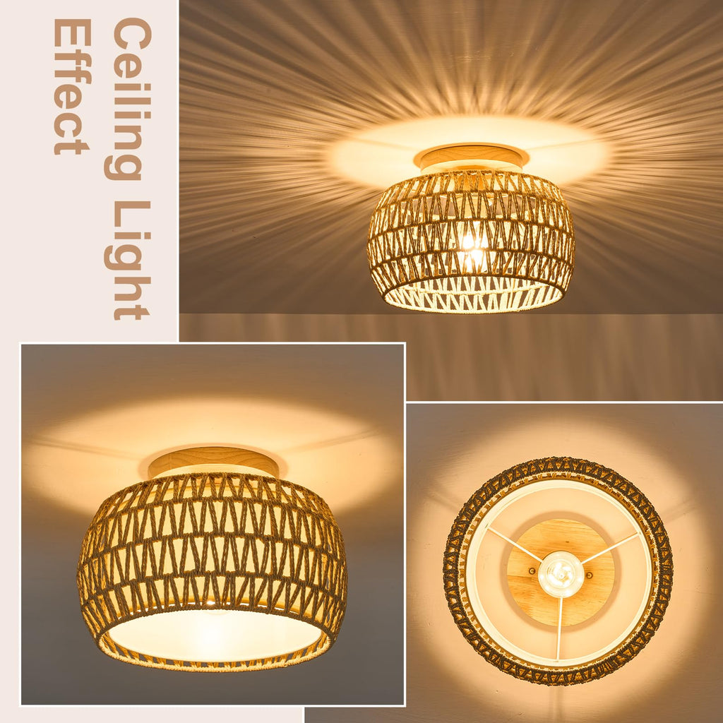 Boho Rattan Flush Mount Ceiling Lights Fixtures 12 Inch 1 Pack