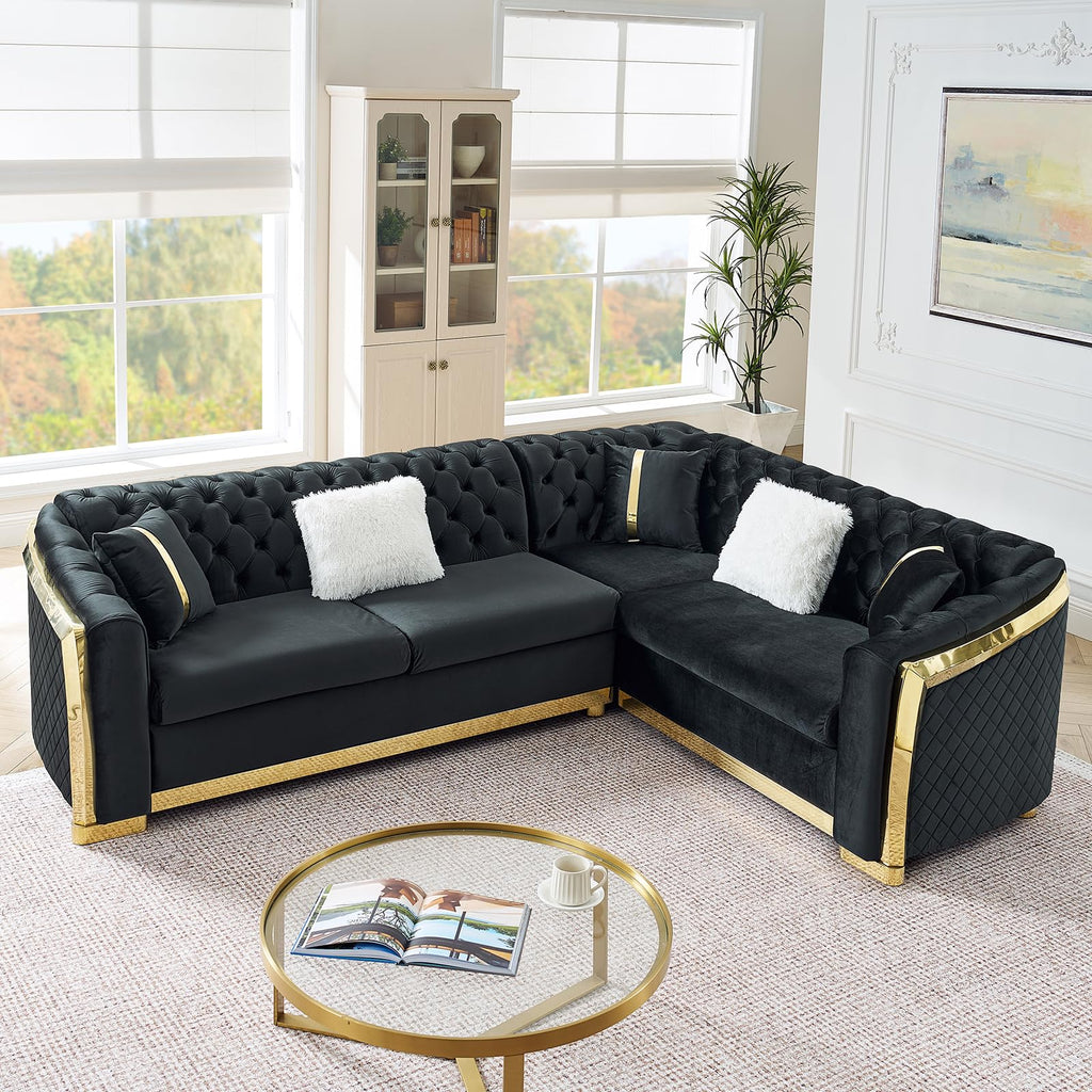 106" Oversize Button Tufted Chesterfield Sectional Sofa Set, Velvet L-Shaped Luxury Couches with Gold Stainless Steel