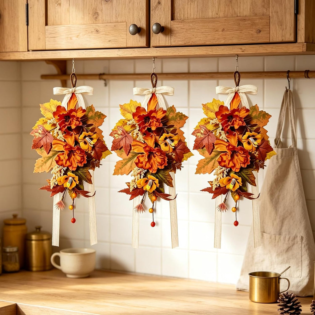 Fall Lantern Teardrop Swag with Bow 16" Mini Autumn Floral Swag with Peony Wheat Maple Leaves Thanksgiving - Set of 6