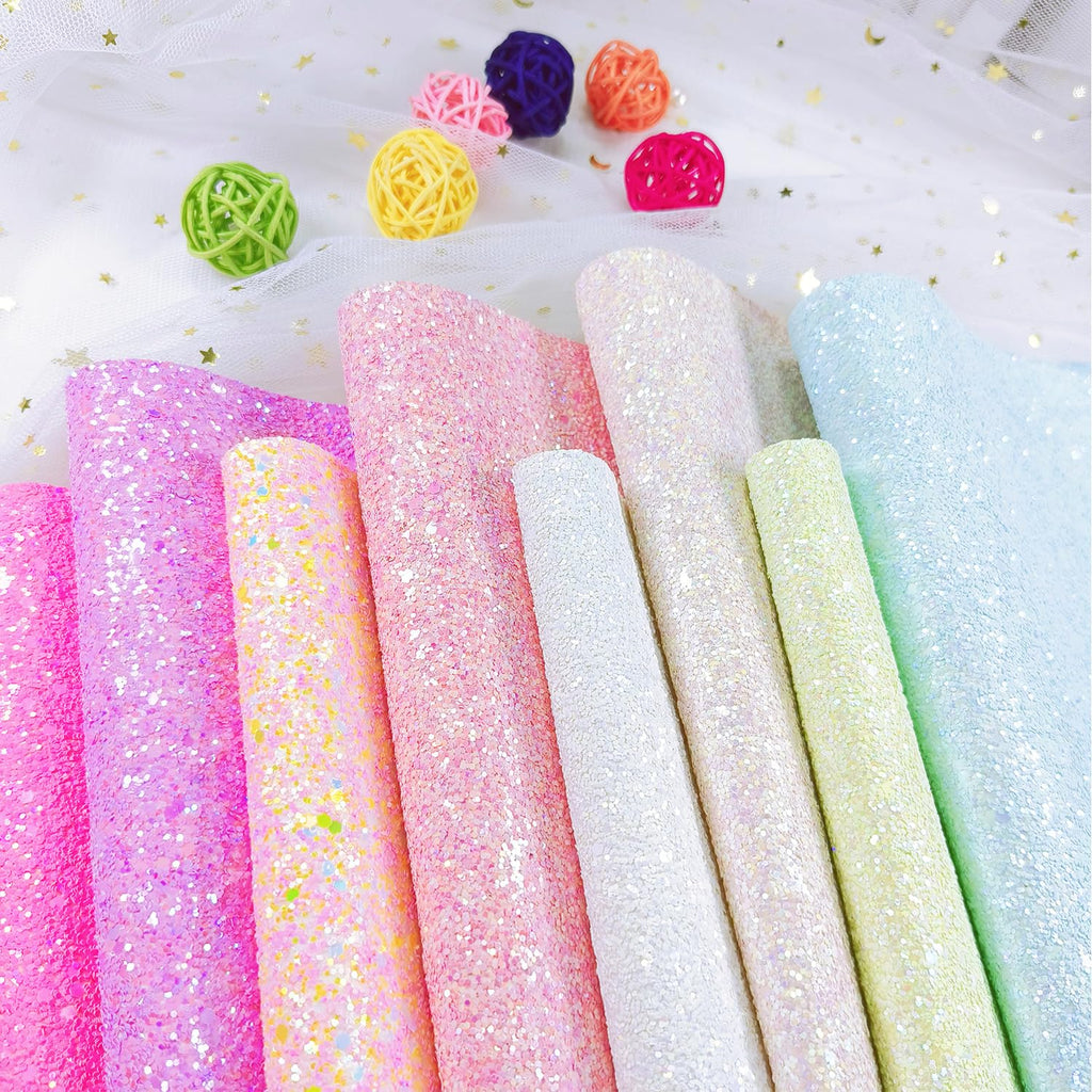Sparkly Glaze Candy Color Chunky Glitter Fabric Sheets 8 x 12 inch Shiny Multiple Solid Color Summer Faux Leather for