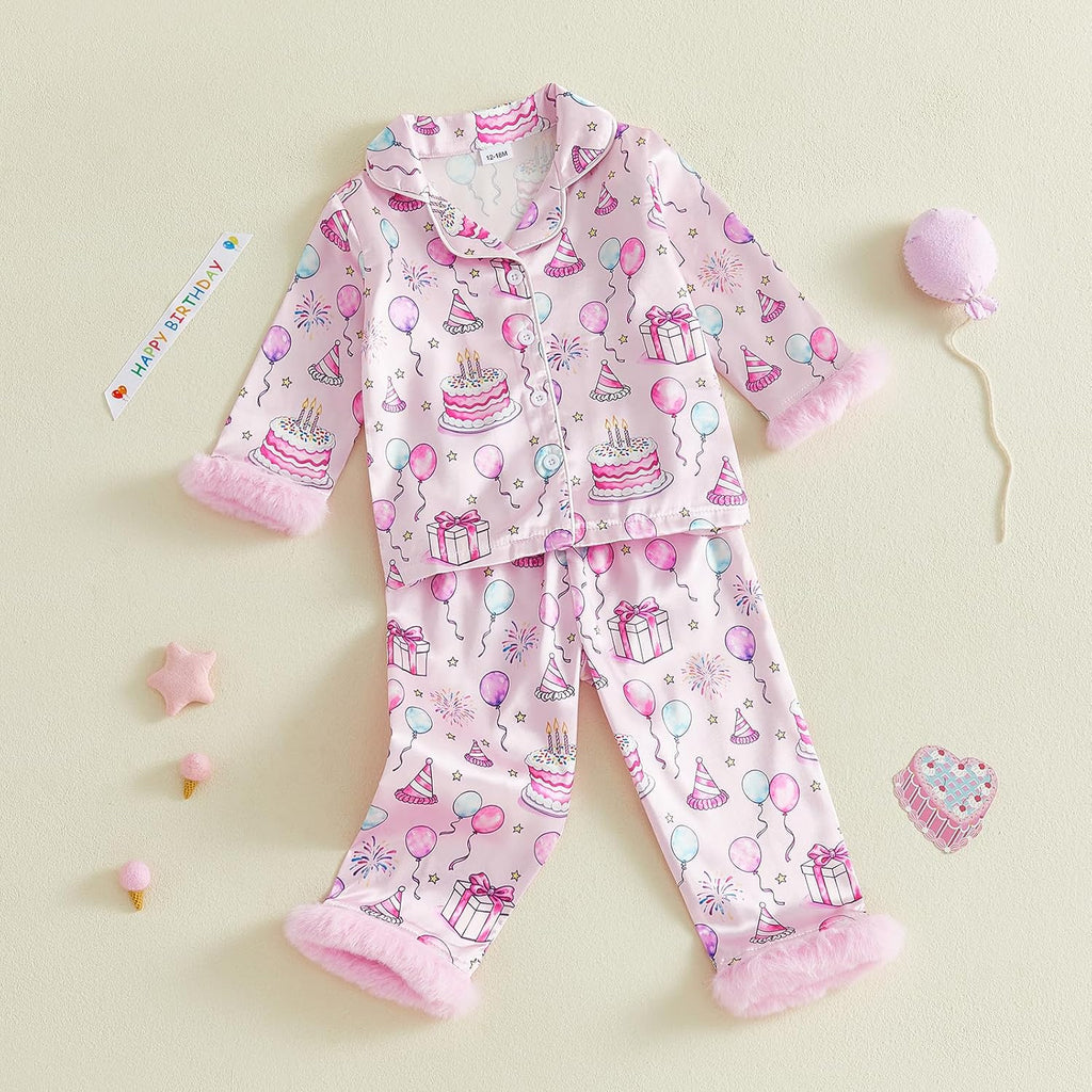 Kids Toddler Girl Pajamas Fuzzy Trim Button Down Shirt Pants
