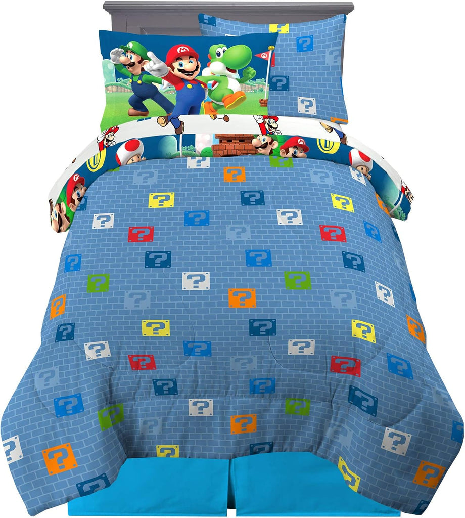 Super Mario Kids Bedding Set, Twin 5 Piece Comforter and Sheet Set with Sham, (Officially Licensed Product)