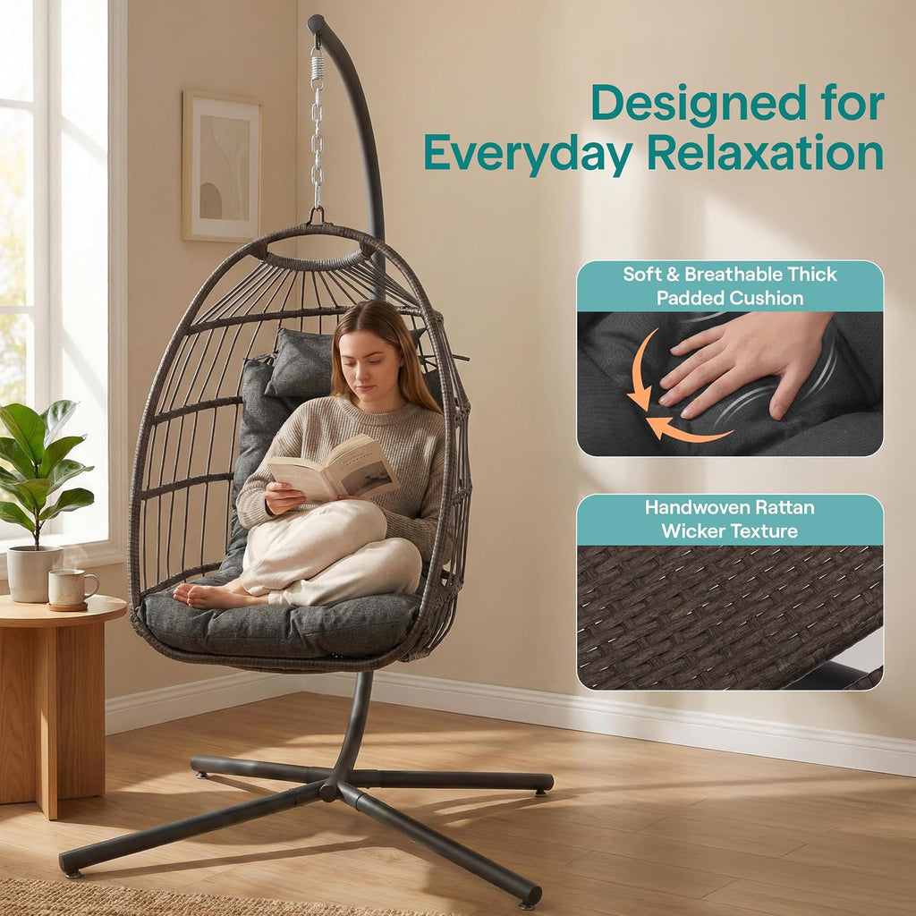 Hanging Egg Chair with Stand - Wicker Rattan Outdoor Swing Chair, Powder-Coated Steel Frame, Padded Cushion &