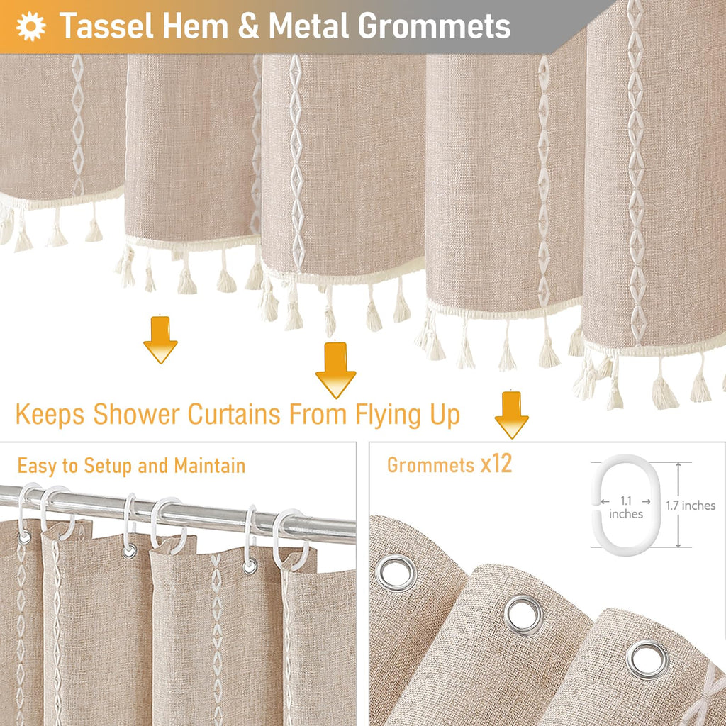 72x96 Extra Long Boho Linen Heavy Duty Shower Curtain Set, Tan/Taupe