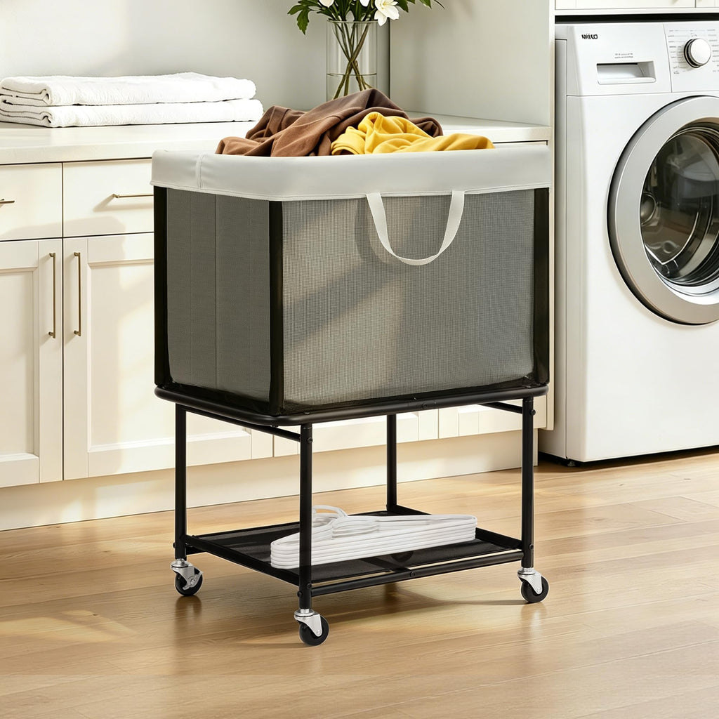Rolling Laundry Hamper with Lockable Wheels, 29-Gallon (110L) Laundry Cart with Removable Canvas Bag, 2-Tier Clothes