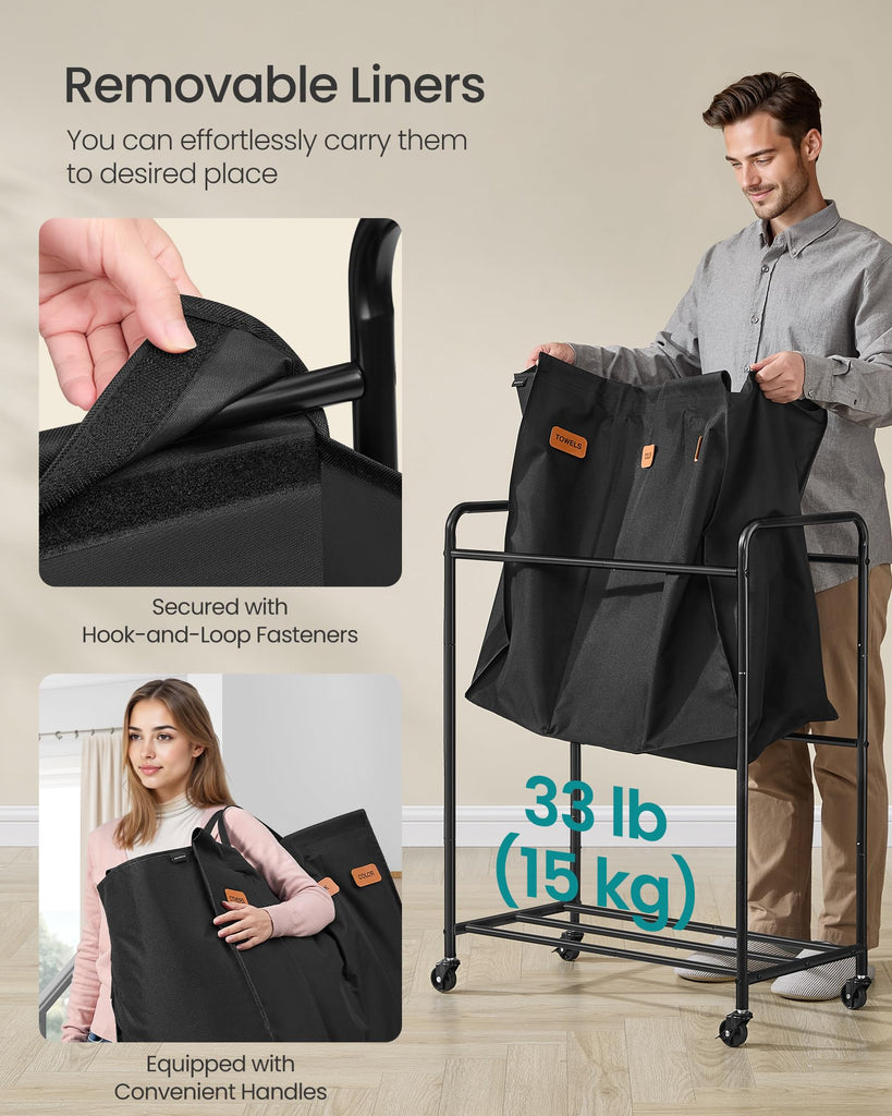 3-Section Laundry Sorter, with Wheels, Removable Bags