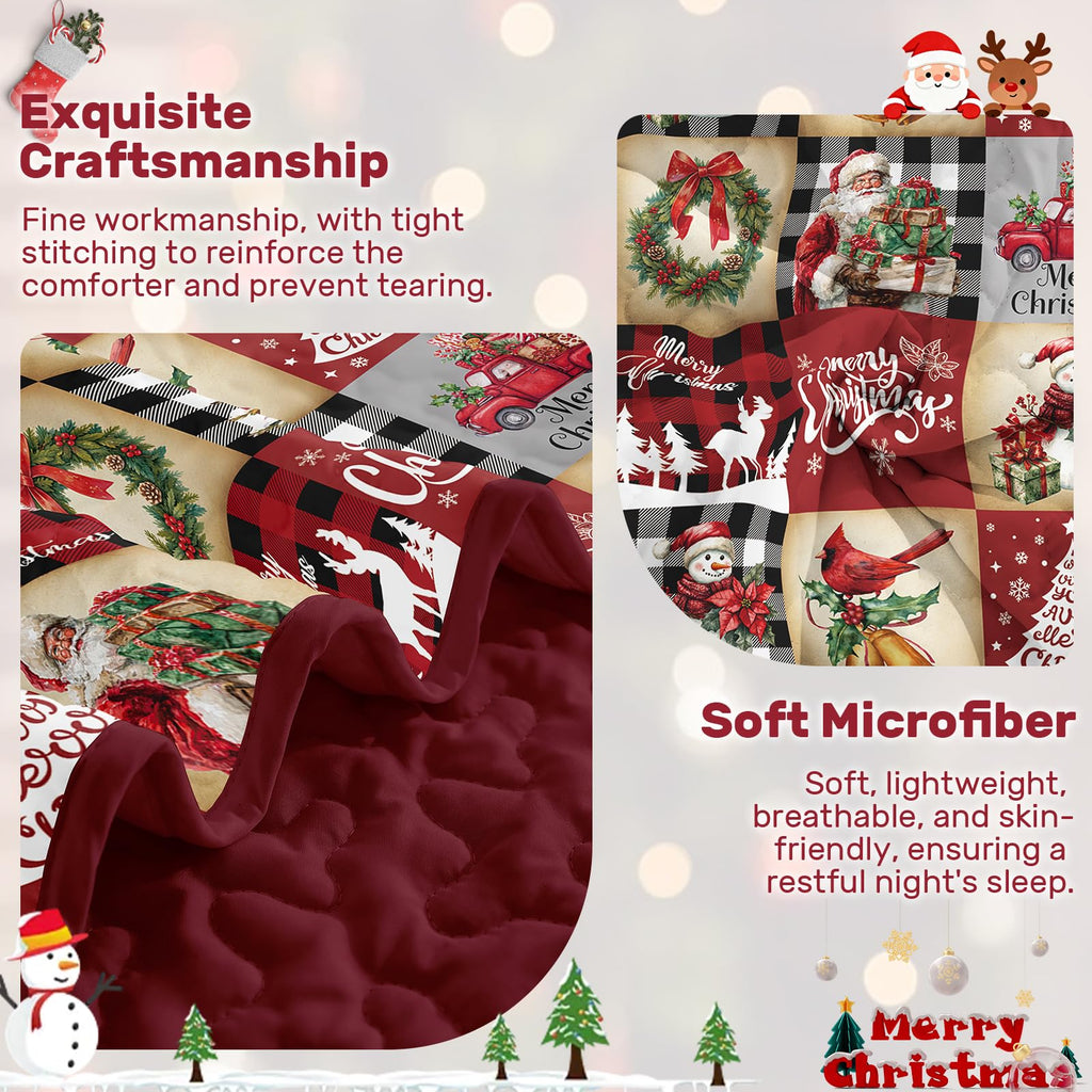 Christmas Quilt Set Queen Size Red Cardinal Wreath Patchwork Xmas Bedspread