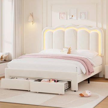 Full Upholstered LED Bed Frame with 2 Storage Drawers and Adjustable Chic Double Wavy Headboard, Velvet Princess