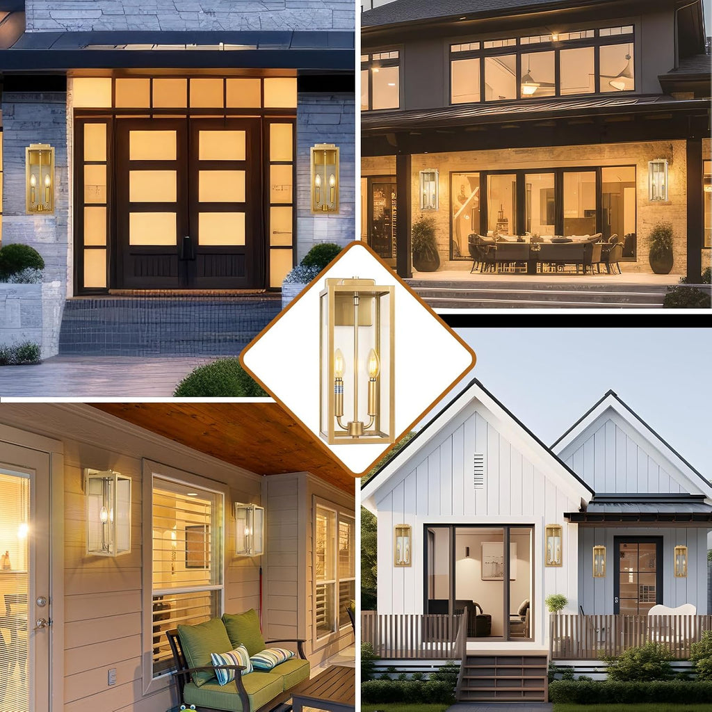 16" Gold 2-Light Outdoor Wall Lantern, IP65 Waterproof Brass Porch Light