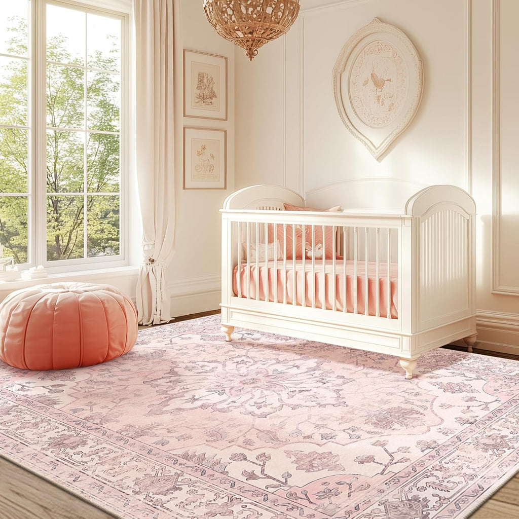 Area Rugs Washable Non-Slip, Floral Vintage Distress Print Pattern Medallion Carpet for Living Room Bedroom