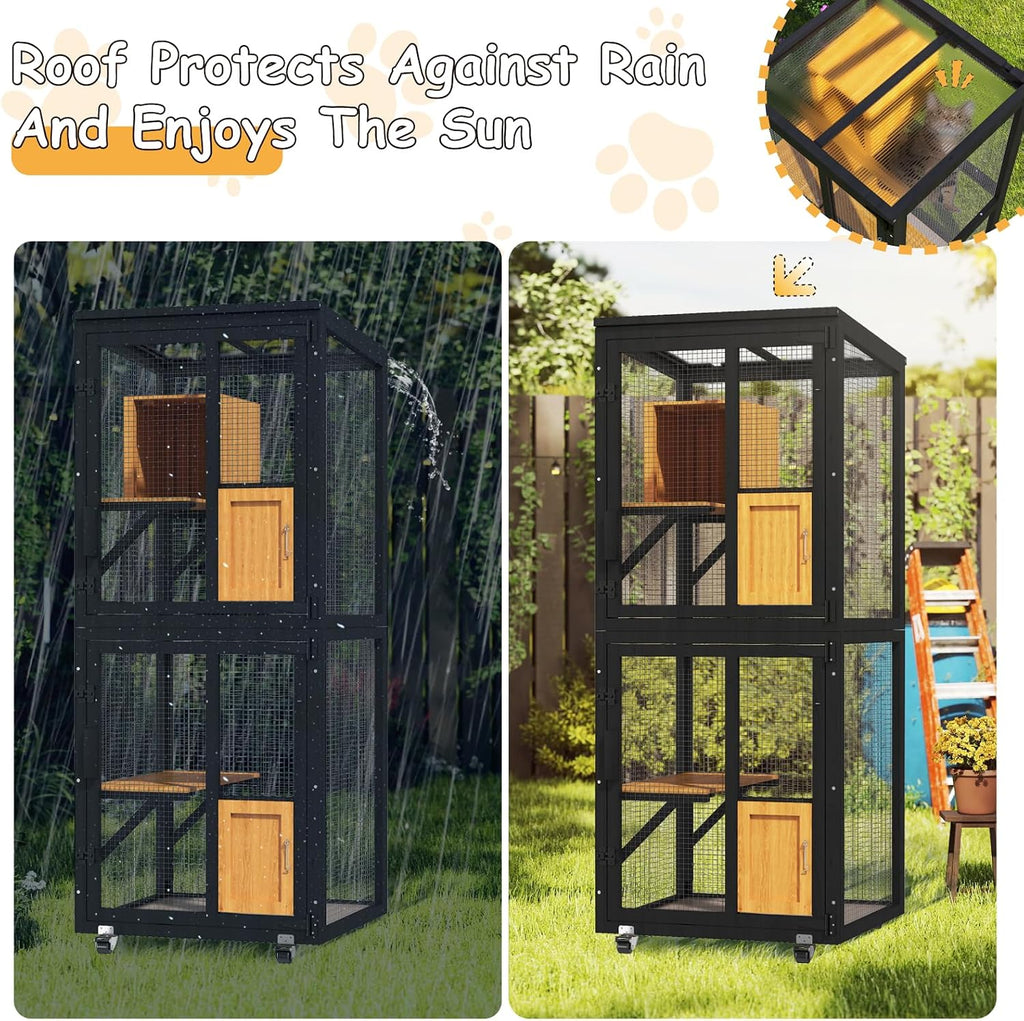 4 Tiers Catio Outdoor Cat Enclosure, Indoor Cat House with 4 Wheels, Black