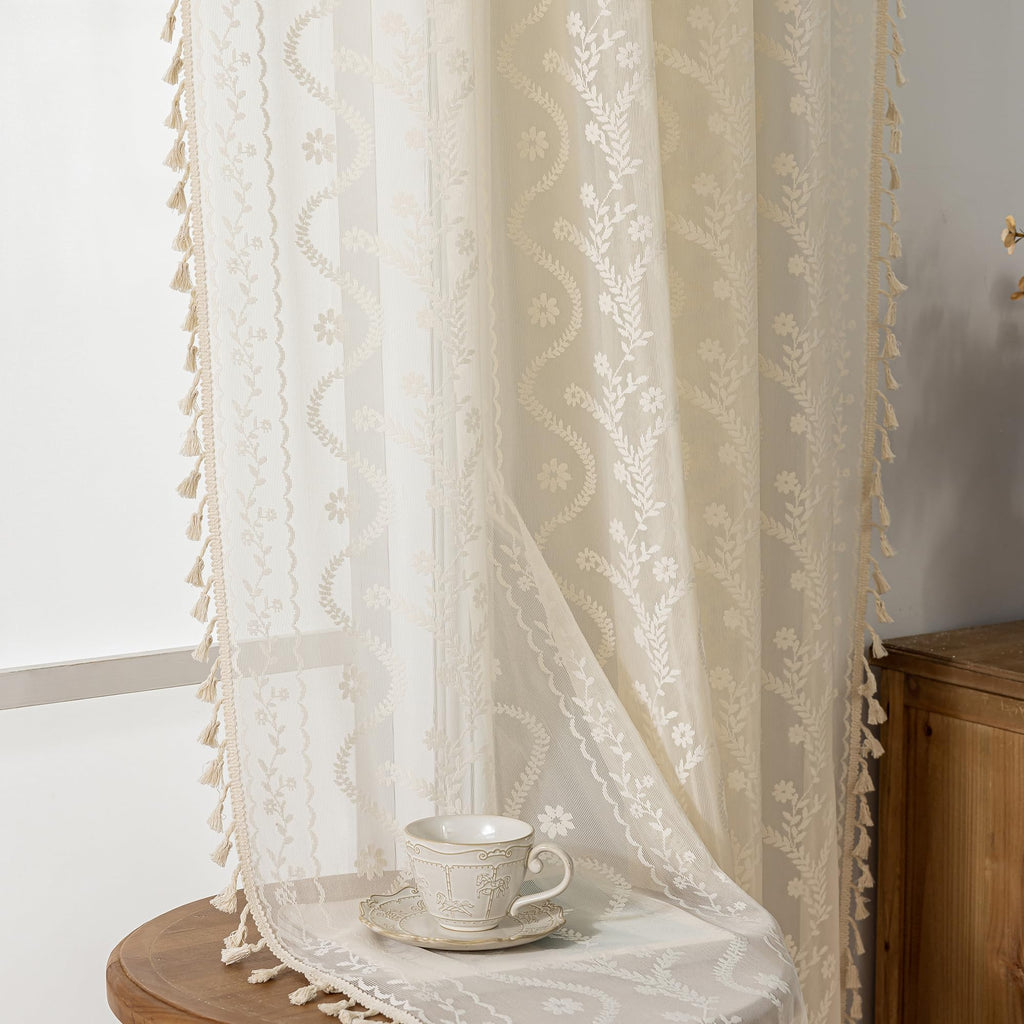 Boho Lace Curtains 2 Panels 84 Inches -Cute Vintage Victorian Sheer Panel Drape French Country Floral Pattern &