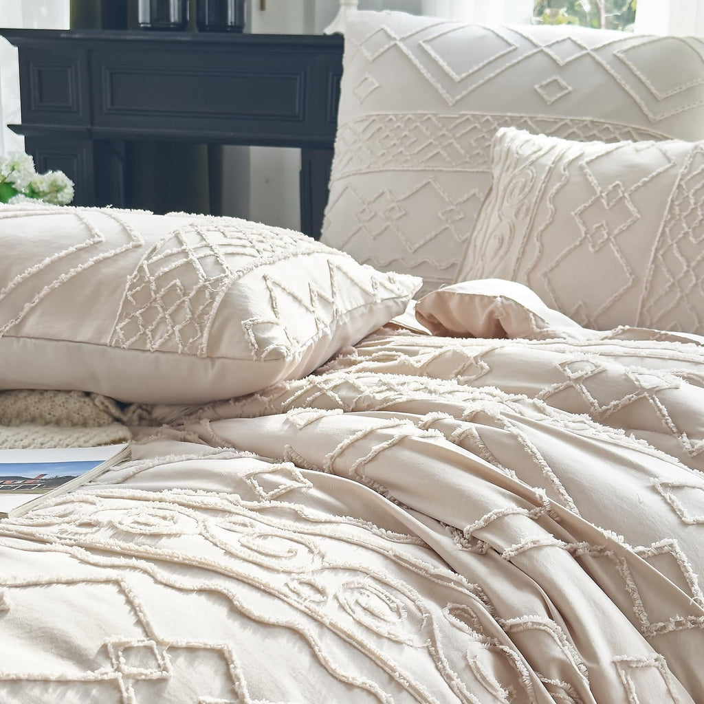 Boho King Size Comforter Set Beige Tufted Geometric All Seasons