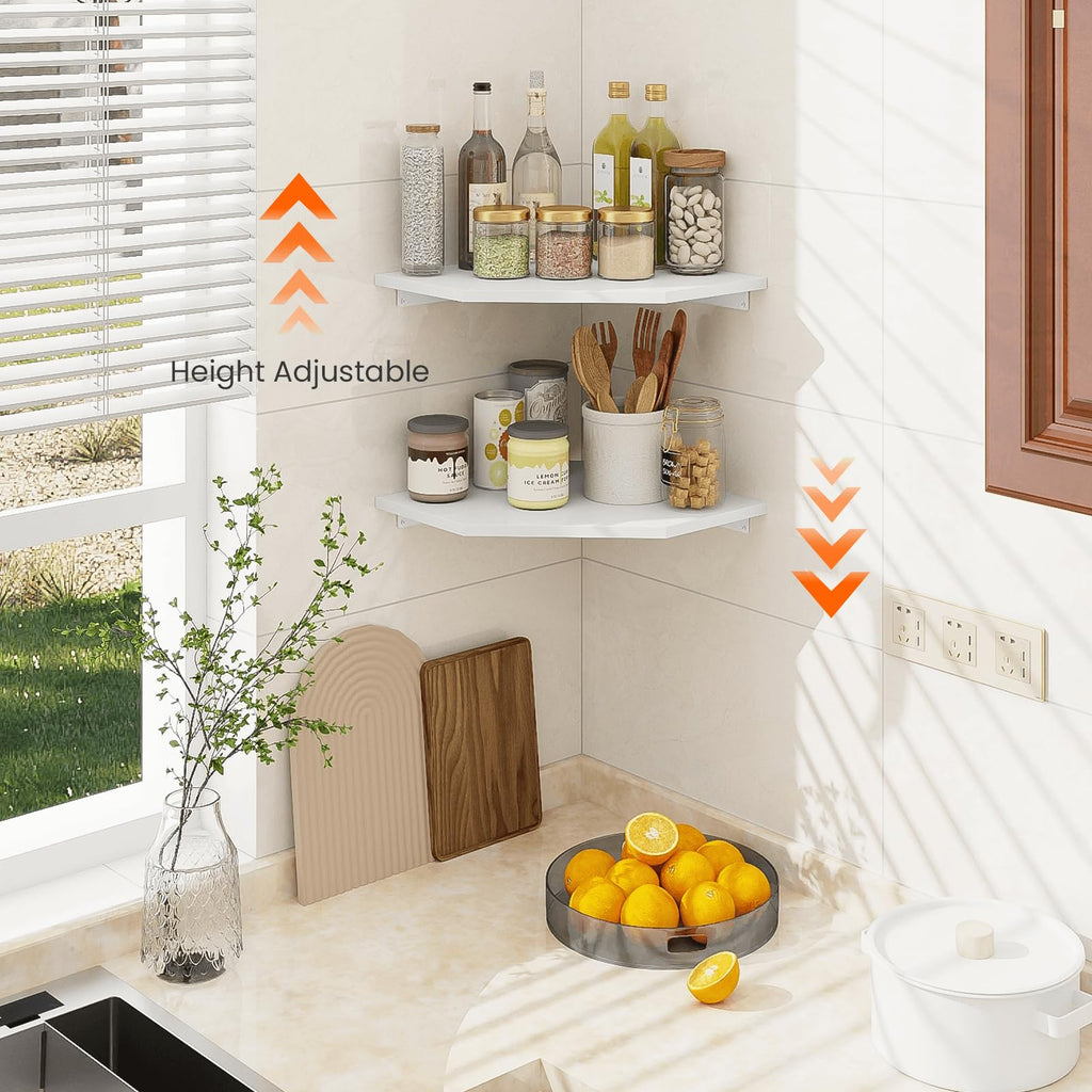 Corner Shelf Wall Mount, Set of 2 Corner Floating Shelves with Cord Hole for Speaker, Cable Box, 2 Tier Wood Hanging