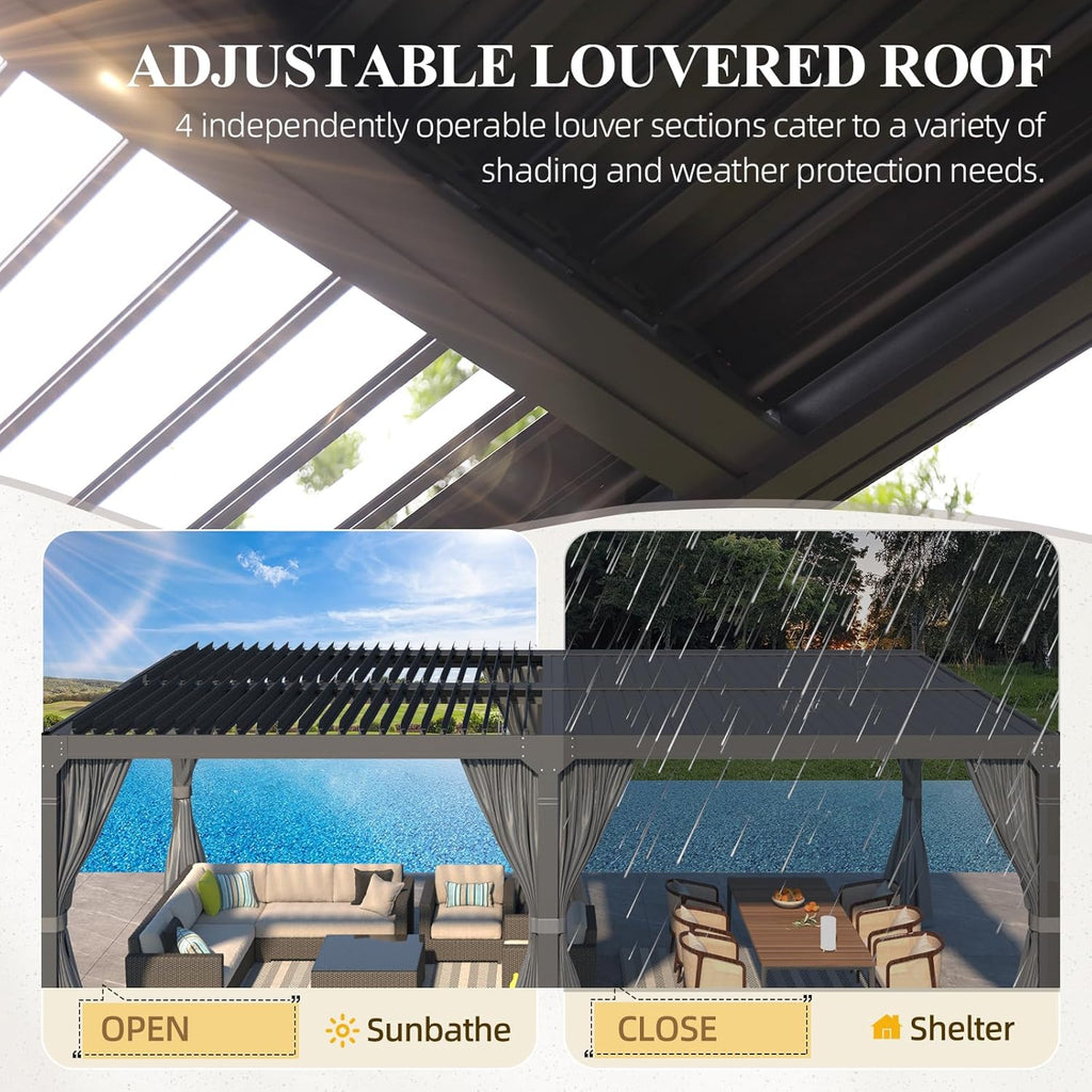 Louvered Pergola 12x24, Aluminum with Adjustable Roof, Outdoor with Waterproof Curtains and Nets, Dark Grey