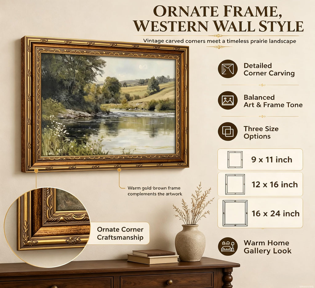 Vintage Gold Framed Wall Art Retro Rustic Farmhouse Green Nature Landscape Painting Picture Canvas Fall Forest