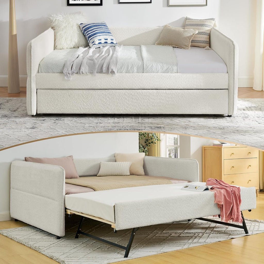 Full Size Daybed with Pop Up Trundle Boucle Upholstered Beige Soft Bou
