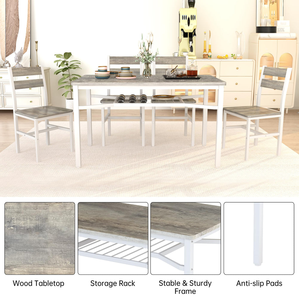 Dining Table Set for 4, Wood Kitchen Table Chairs Set with Storage, Farmhouse 5 Piece Dining Room Table Set