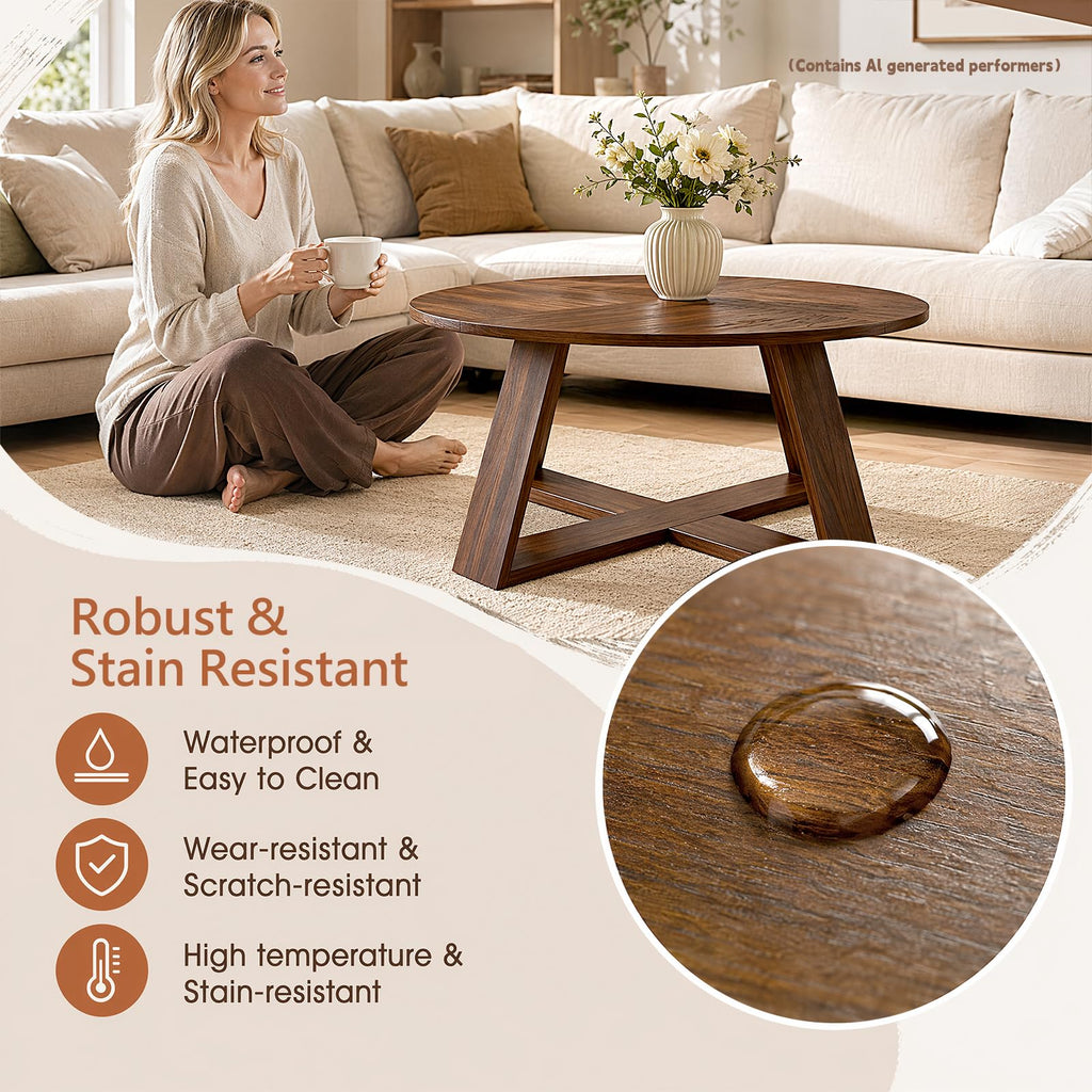 Round Coffee Table with Open Storage -Walnut Wood