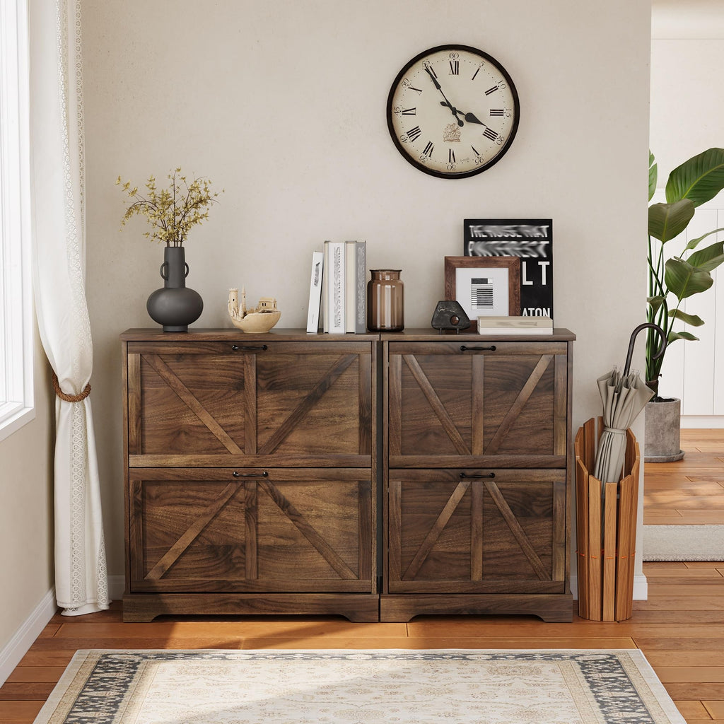 Farmhouse Shoe Storage Cabinet with 2 Flip Drawers, 23.6"(W) Freestanding Shoe Organizer with Barn Door and Metal
