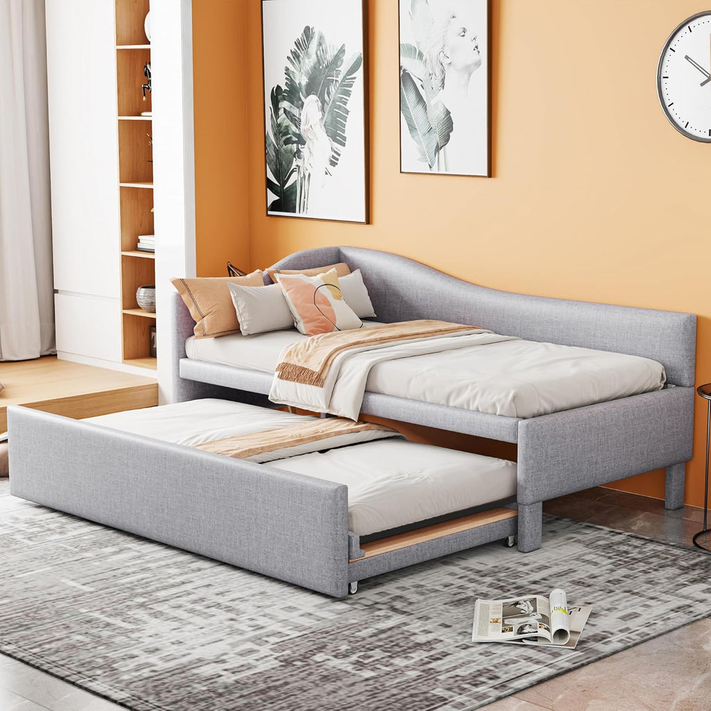 Twin Size Daybed with Pop up Trundle,Linen Upholstered Day Bed Frame with Wood Slats,Extendable Trundle Bed,Twin to