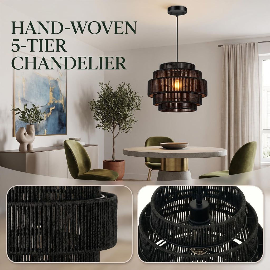 5-Tier Boho Rattan Chandelier Light Fixture, 13" Black Pendant Light with Hand Woven Hemp Rope Lampshade, Small