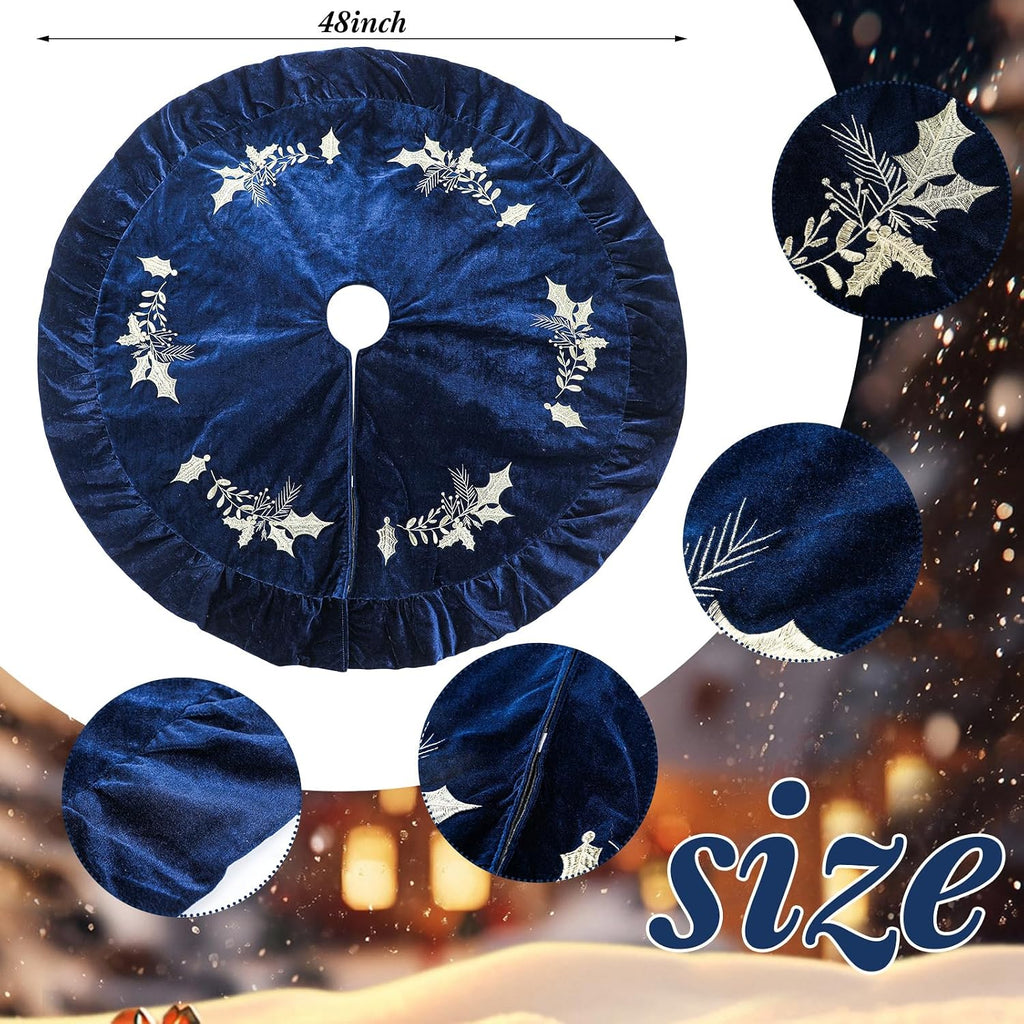 Christmas Tree Skirt, 48 Inches, Gold Embroidered Holly Style, Navy Blue
