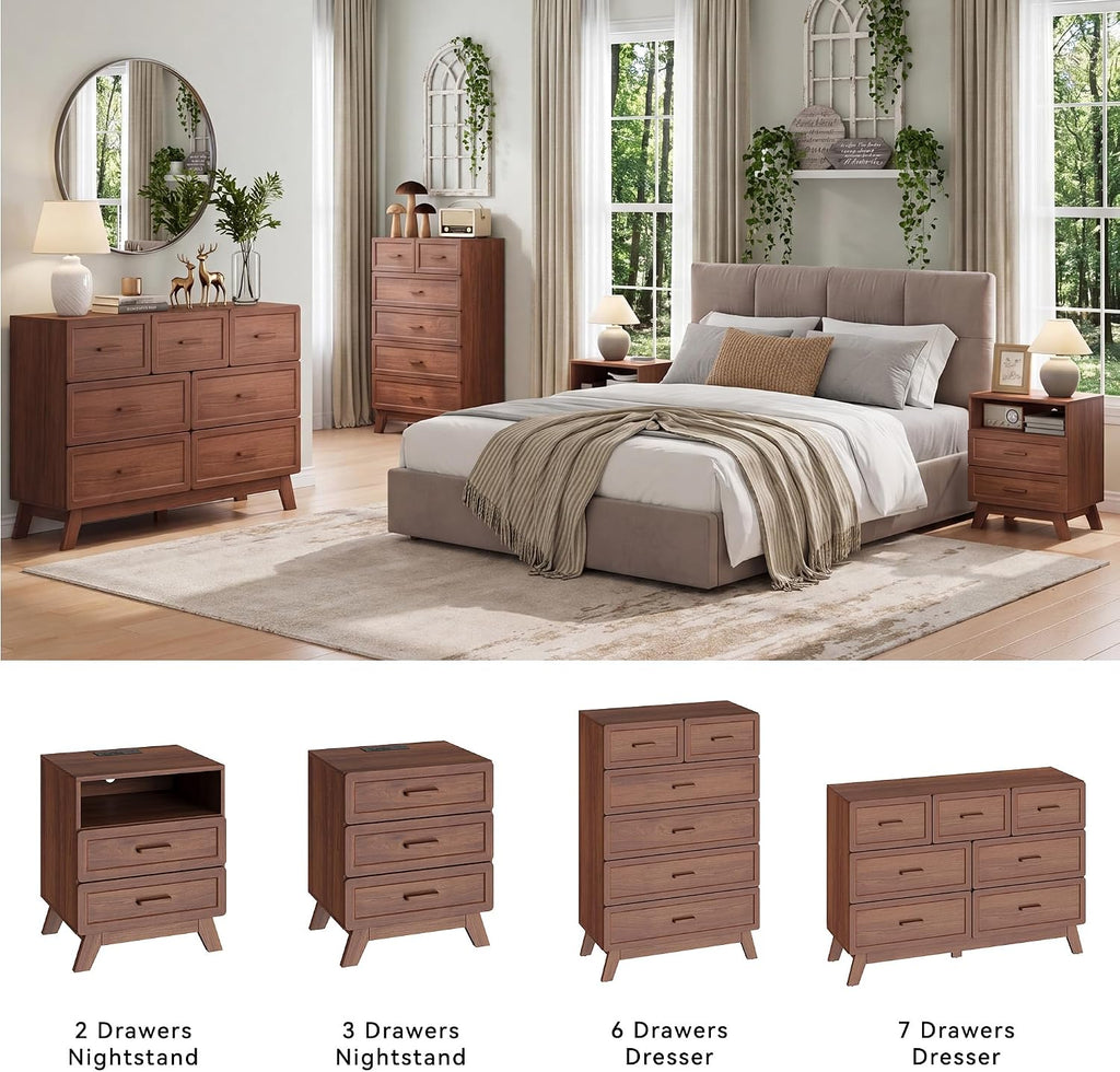 Walnut 6 Drawer Dresser , 47" Tall Chest of Drawers | Rounded Corner Safety Design, Stable 4-Leg Structure, Suitable