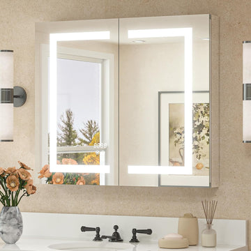 LED Lighted Medicine Cabinet with Lights 30 x 26 Recessed or Surface Mount Cabinet Mirror Wall, 2 Door Tempered Glass