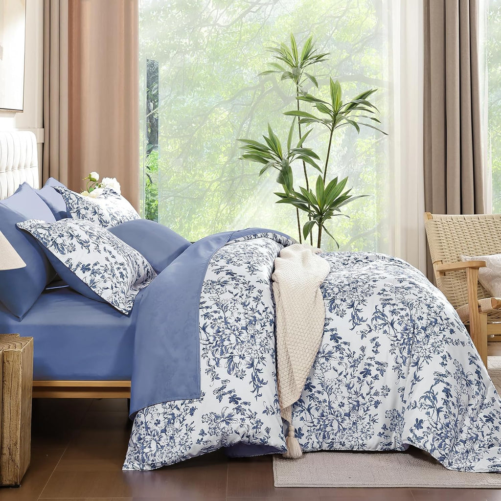 Blue Floral Comforter Set Queen, 8 Pieces Flower Botanical Bed in a Bag Bedding Set, Soft Microfiber Comforter, Sheets
