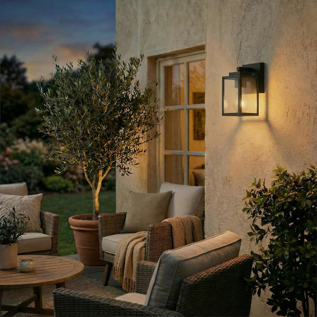 7" Classic Outdoor Wall Sconce 1 Light in Matte Black Rectangular Metal Frame and Clear Glass Shade Waterproof Porch