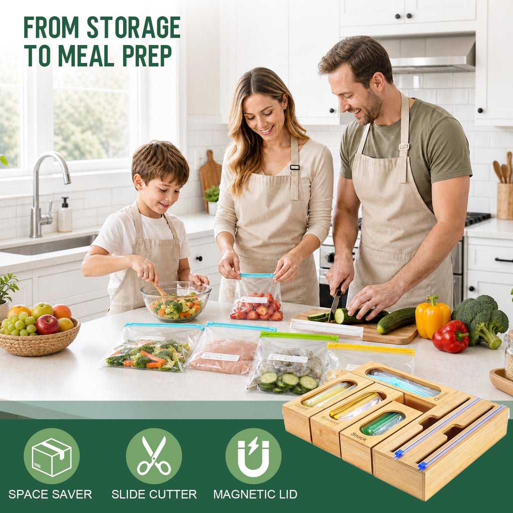 Storage Bag Organizer Drawer, 5-Slot, Bamboo