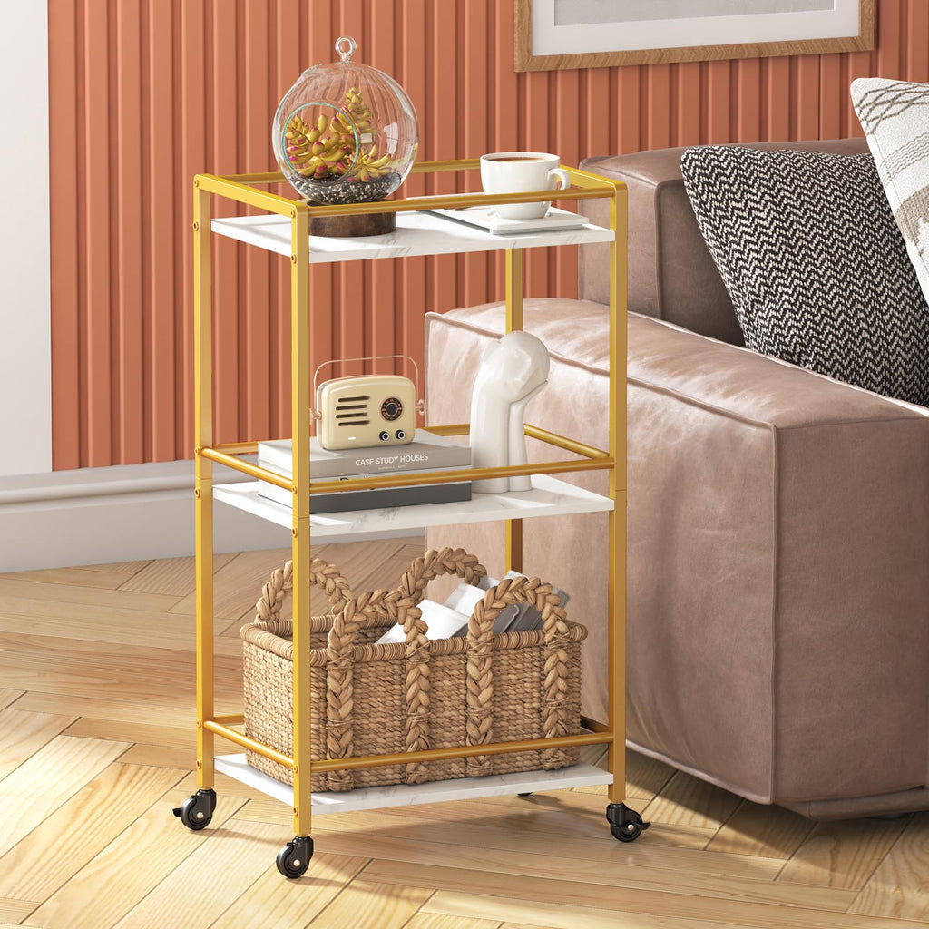 Mini 3 Tier Rolling Bar Cart with Lockable Wheels, Gold