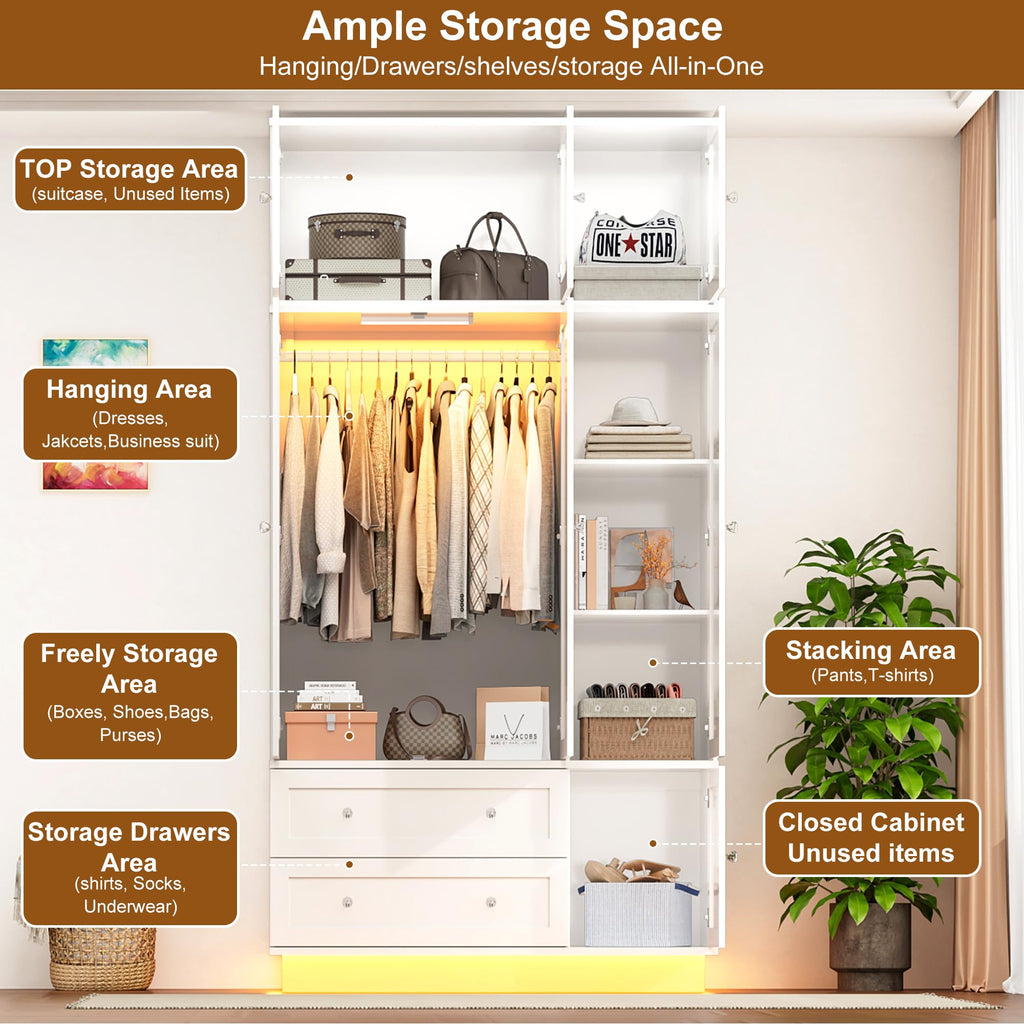 92.2" Tall Armoire Wardrobe Closet with Mirror & Motion Sensor Light, Large Storage Cabinet with 2 Drawers, Hanging