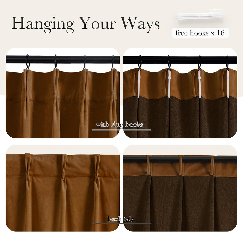 Blackout Pinch Pleat Velvet Curtains 90 Inch Heavy Back Tab Energy Saving Room Darkening All Season Gold Brown Drape