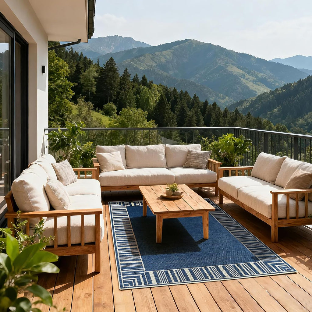 Striped Border Outdoor Rug 4x6, Washable Indoor Outdoor Patio Area Rugs for Balcony Backyard Non Slip, Modern Classic