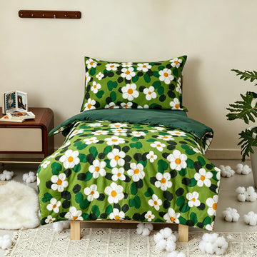 Cotton Toddler Bedding Set Green Flower 4 Pieces Crib Bed Set Kids Washed Cotton Green Botanical Comforter Set