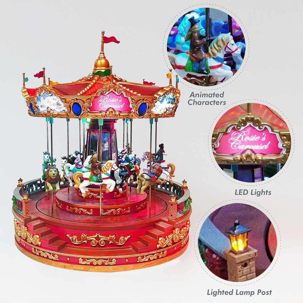Animated Rosie's Carousel (Moving Carousel) 15.2"H LED Lights 8 Classic Carols Christmas Music, Adapter Included