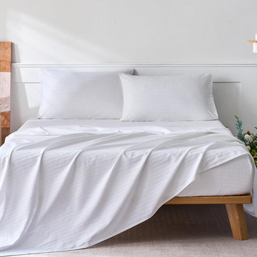 100% Cotton Sheet Set, White Sateen Striped, Queen
