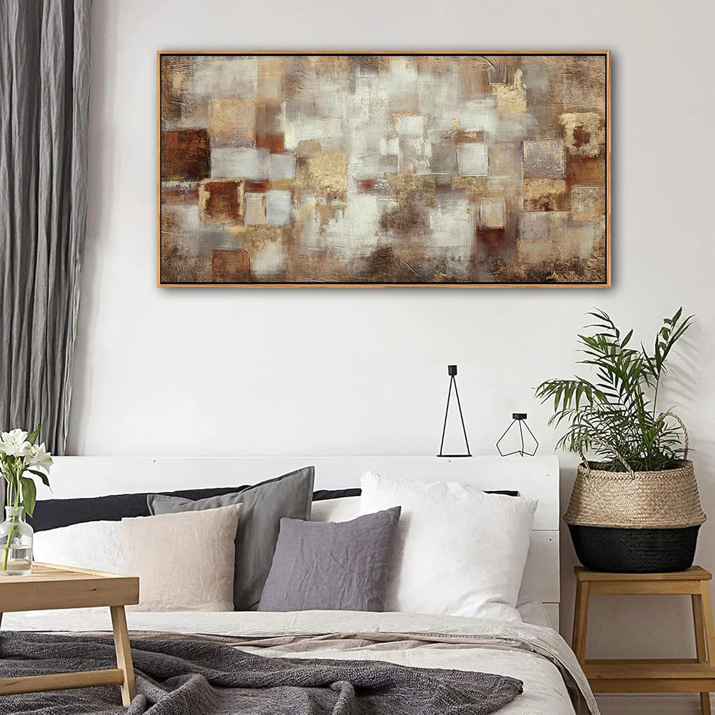 Gold Abstract Wall Art - Extra Large Canvas Wall Decor - Modern Grid minimalist Picture Artwok - Oil Painting Print
