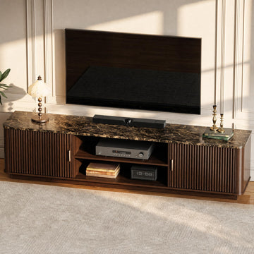 70" Modern TV Stand with Large Storage, Walnut, Faux Marble Top