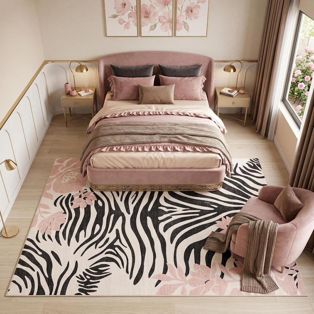5x7 Black and Blush Pink Zebra Stripe Floral Pattern Area Rug