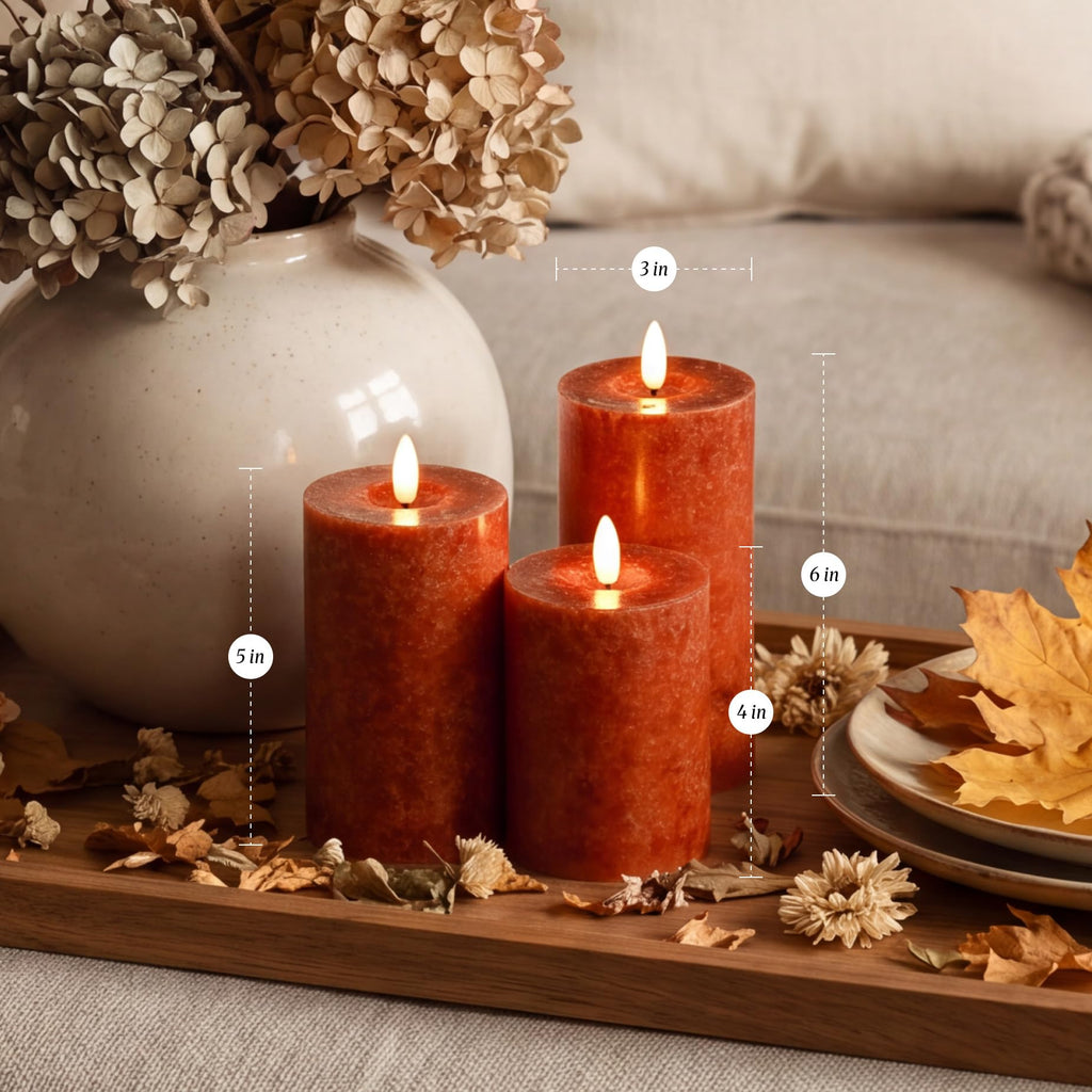 Mottled Orange Fall Flameless Candles with Remote and Timer, Real Wax Made LED Pillar Candles Battery Operated with