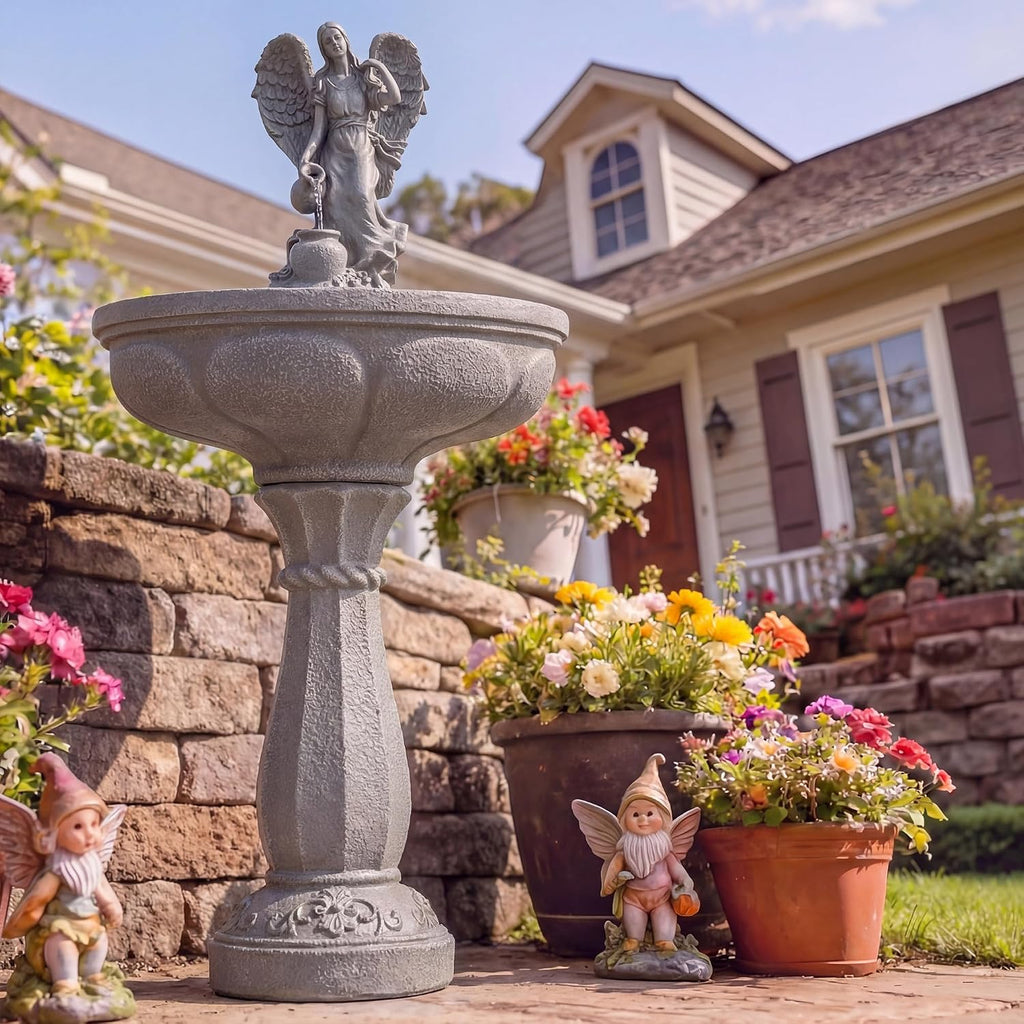 37" Outdoor Water Fountain, Angel Fountain with Pouring Water | Single-Tier Pedestal Water Feature, Resin &